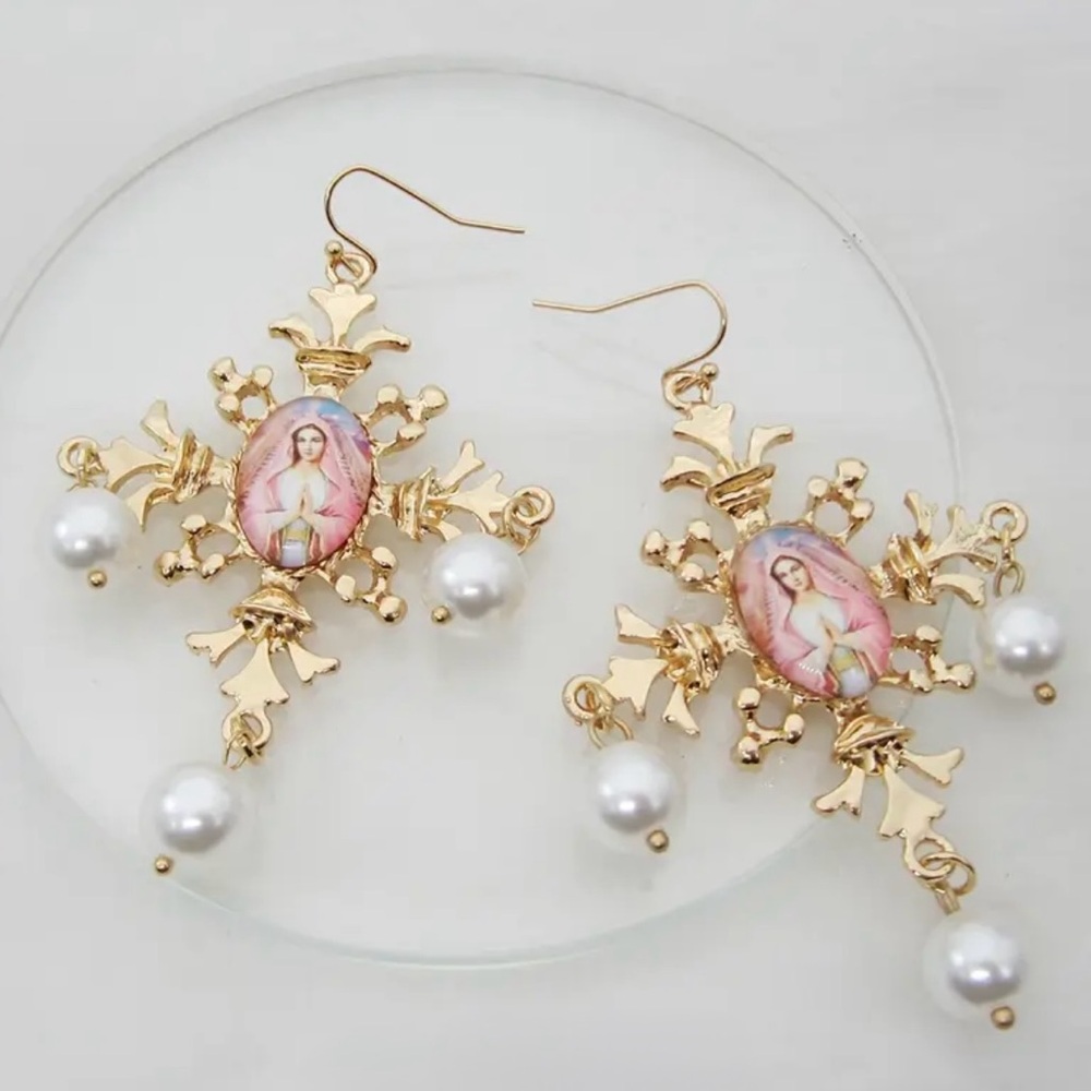Exquisite Gold and Pearl Religious Earrings